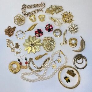 Vintage Gold Tone Costume Jewelry Lot Brooches Necklaces Earrings Lion Japan